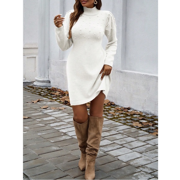 White Sweater Short Mini Dress Faux Pearl Embellished Long Sleeve - Picture 5 of 11